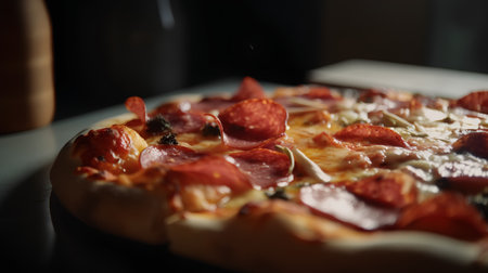 Pizza with salami and mozzarella on a black backgroundの素材