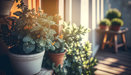 Green plant in a pot on the balcony at sunset. Vintage filterの素材
