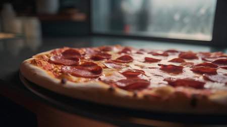 Pepperoni pizza with salami and mozzarella cheese in a restaurantの素材