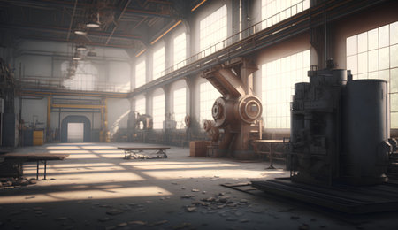 Industrial interior of an old factory. 3d rendering toned imageの素材