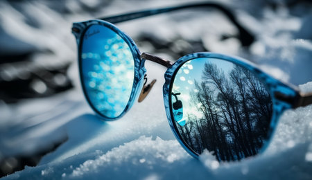 Sunglasses in the snow on a background of winter forest.の素材