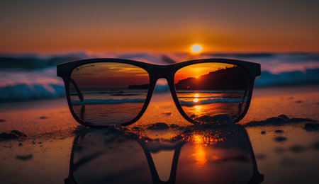 Sunglasses with reflection on the beach at sunset. Selective focus.の素材