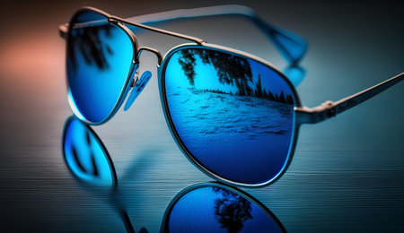 Sunglasses with reflection in water. Collage. Selective focus.の素材