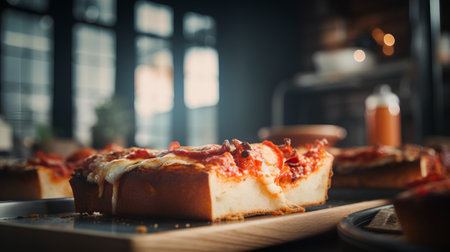Bread with pepperoni on a wooden board in a cafe.の素材
