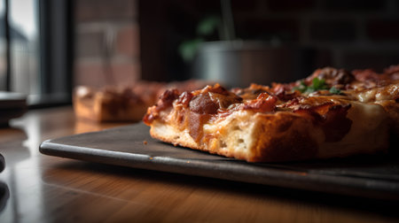 Homemade pizza with bacon and cheese on a black plate in a restaurantの素材