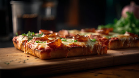 Pizza with bacon and cheese on a wooden board, selective focusの素材