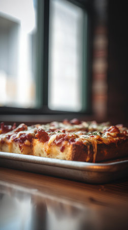 Pizza on a wooden table in a cafe. Selective focus.の素材