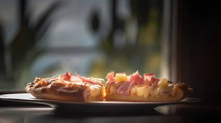 Pizza with ham and cheese on the table. Selective focus.の素材