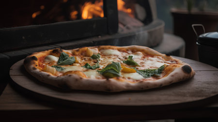 Pizza with mozzarella and basil in front of the fireplaceの素材