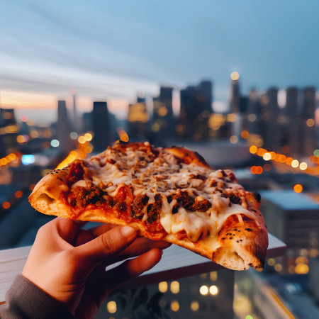 Pizza with cheese in hand on the background of the city.の素材