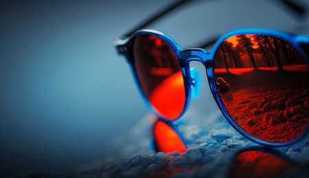 Sunglasses on the sand with reflection of the forest in the lens.の素材
