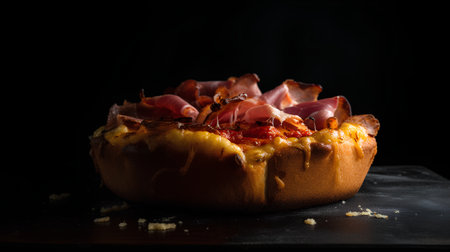 Bread with ham and cheese on a black background. Selective focus.の素材