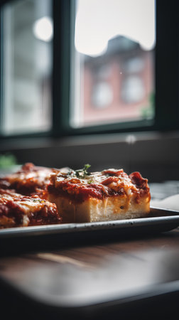 Slices of pizza with tomato sauce on a black plate.の素材