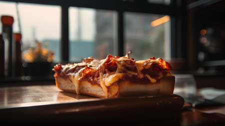 Pizza on a wooden board in a restaurant. Selective focus.の素材