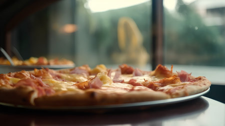 Pizza with ham, cheese and pineapple on a wooden table.の素材