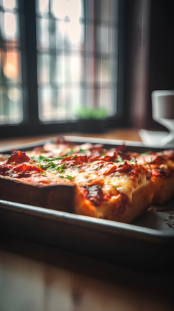 Pizza with salami and mozzarella on a wooden tableの素材