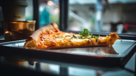 Pizza with cheese and herbs on a table in a restaurant.の素材