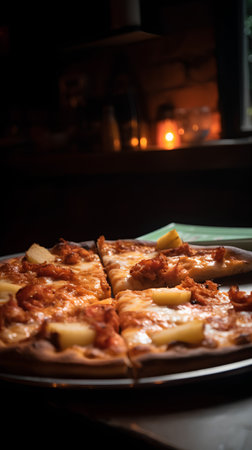 Pizza in a restaurant on a dark background. Selective focus.の素材