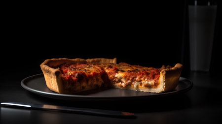 Piece of homemade pie with meat and cheese on a black backgroundの素材