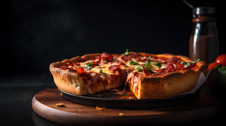 Pizza with salami and mozzarella on a black backgroundの素材