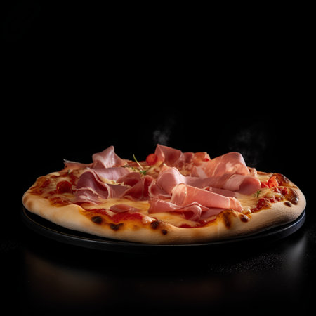 Pizza with prosciutto and mozzarella on black backgroundの素材