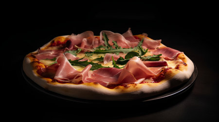 pizza with prosciutto and arugula on black backgroundの素材