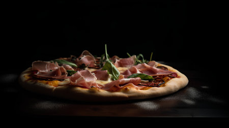 Pizza with prosciutto and salami on black backgroundの素材