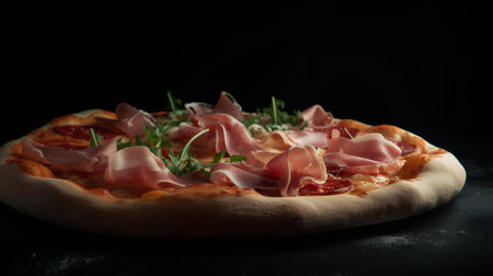 Pizza with prosciutto and arugula on black backgroundの素材