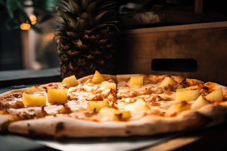 Pizza with pineapple, chicken and pineapple on wooden table in cafeの素材