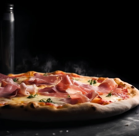 Pizza with prosciutto and mozzarella on black backgroundの素材