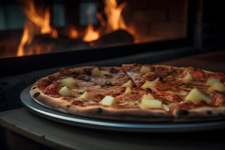 Pizza in front of a fire in a fireplace, selective focusの素材