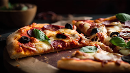 Pizza with pepperoni, mozzarella cheese, olives and basilの素材