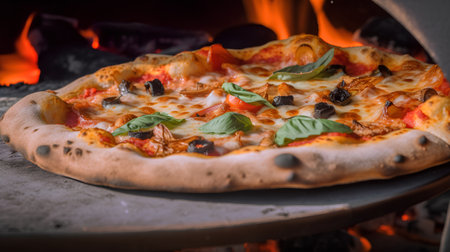 Pizza with mozzarella cheese, tomatoes, olives and basilの素材