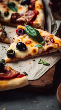 Pizza with salami, olives and mozzarella cheeseの素材