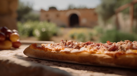 Pizza with ham and cheese on a stone table in the gardenの素材