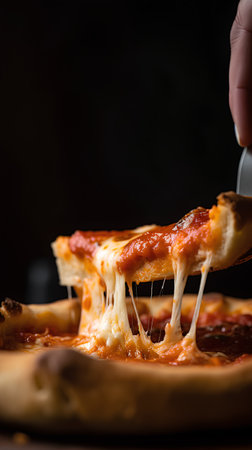 Pizza with mozzarella cheese and tomato sauce on a black backgroundの素材