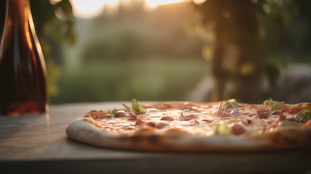 pizza with ham, mozzarella and tomato on wooden tableの素材