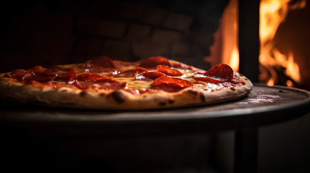 Pepperoni pizza on a wooden table in front of a fireの素材