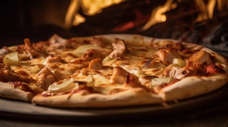 Pizza with chicken, mushrooms and apples in front of the fireplaceの素材