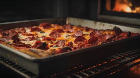 Cooking pizza with salami and mozzarella in oven.の素材