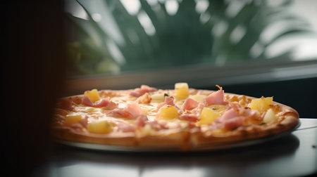 Pizza with ham, pineapple and cheese on a black background.の素材
