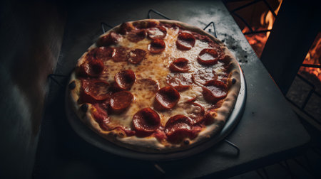 Pizza with salami and mozzarella cheese on a dark backgroundの素材