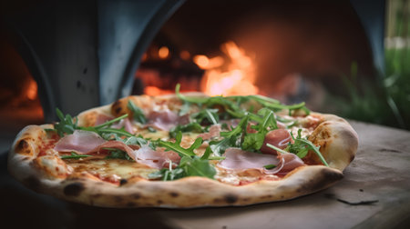 Pizza with prosciutto and arugula in front of a fireplaceの素材