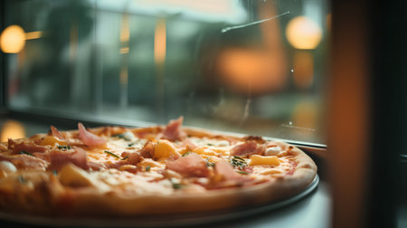 Pizza with prosciutto and cheese on the windowsill.の素材