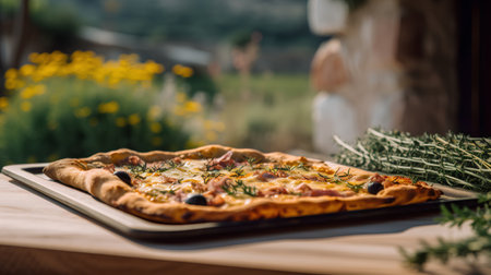 Pizza with ham, olives and rosemary on wooden tableの素材