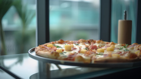 Pizza with ham and cheese on a glass table in a restaurantの素材
