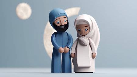 Muslim couple in front of the full moon, 3d render illustrationの素材