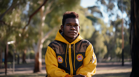Portrait of young african american man in yellow jacket in the parkの素材