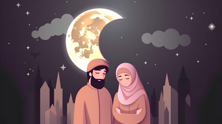 Muslim couple on the background of the moon and the city at nightの素材