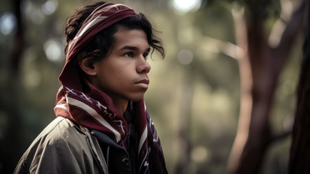 Portrait of a young man wearing a headscarf in the forestの素材